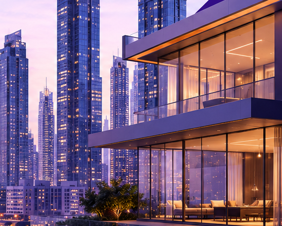ELOKA Realty skyline at dusk with a luxury waterfront residence